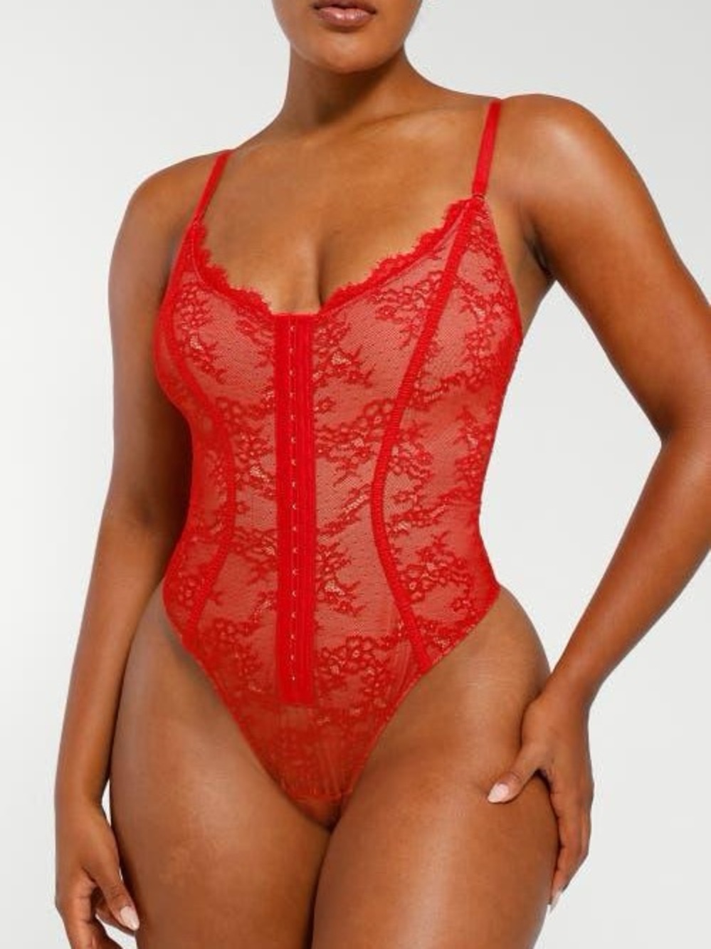 Sheer Red Lace Hook‑Front Bodysuit - Women Intimates